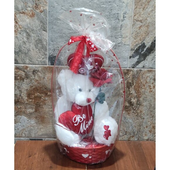 Valentines Day Gift Be Mine Bear Plush Love Heart in Gift Basket Stuffed Animal - Picture 15 of 16